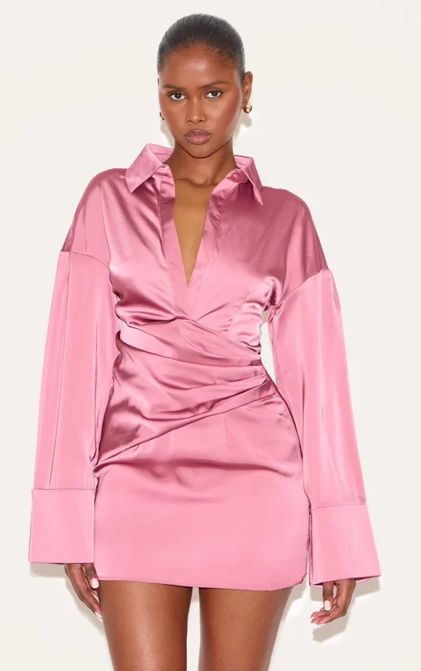 Blush Rose Premium Satin Bell Sleeve Shirt Dress