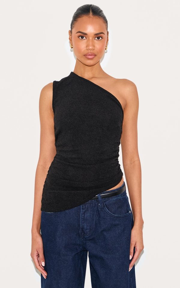 Black Textured One Shoulder Asymmetric Long Top