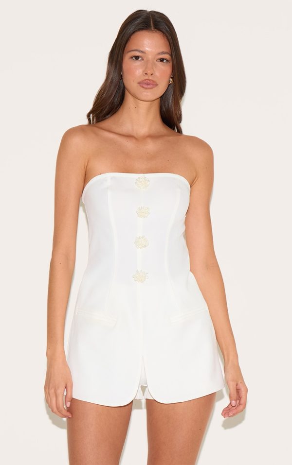 White Beaded Button Detail Tailored Romper
