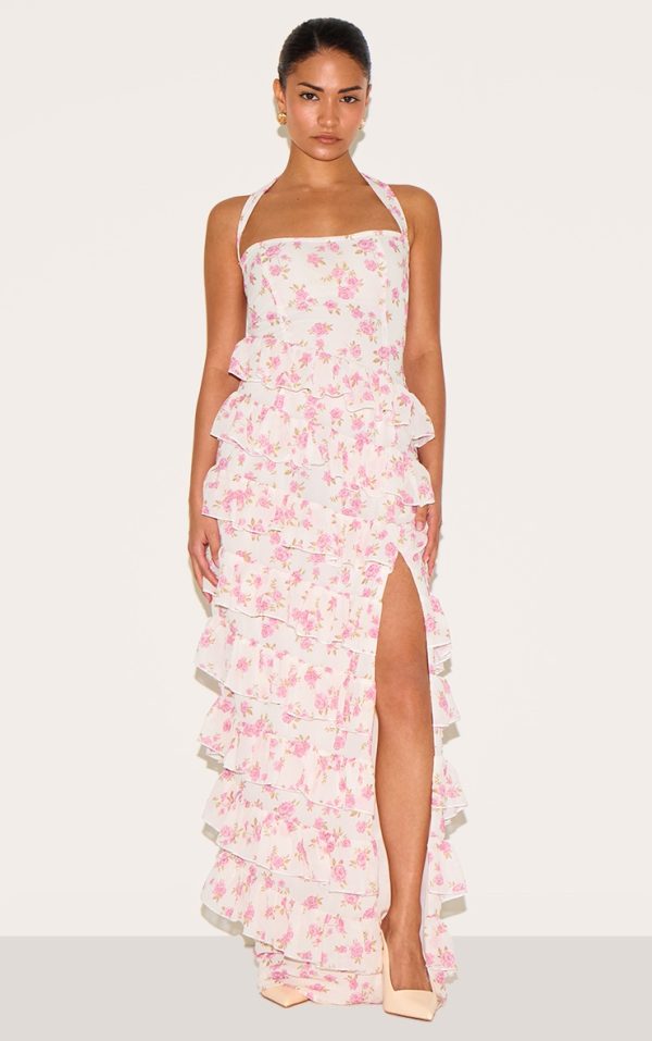 Petite Pink Flower Print Frill Detail Maxi Dress