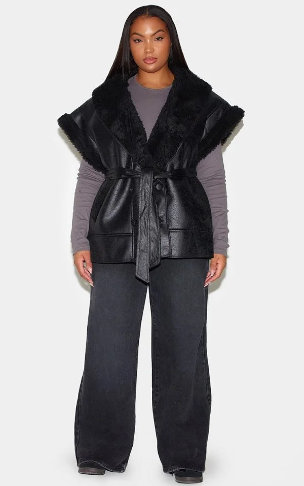 Plus Black Borg Trim Sleeveless Gillet