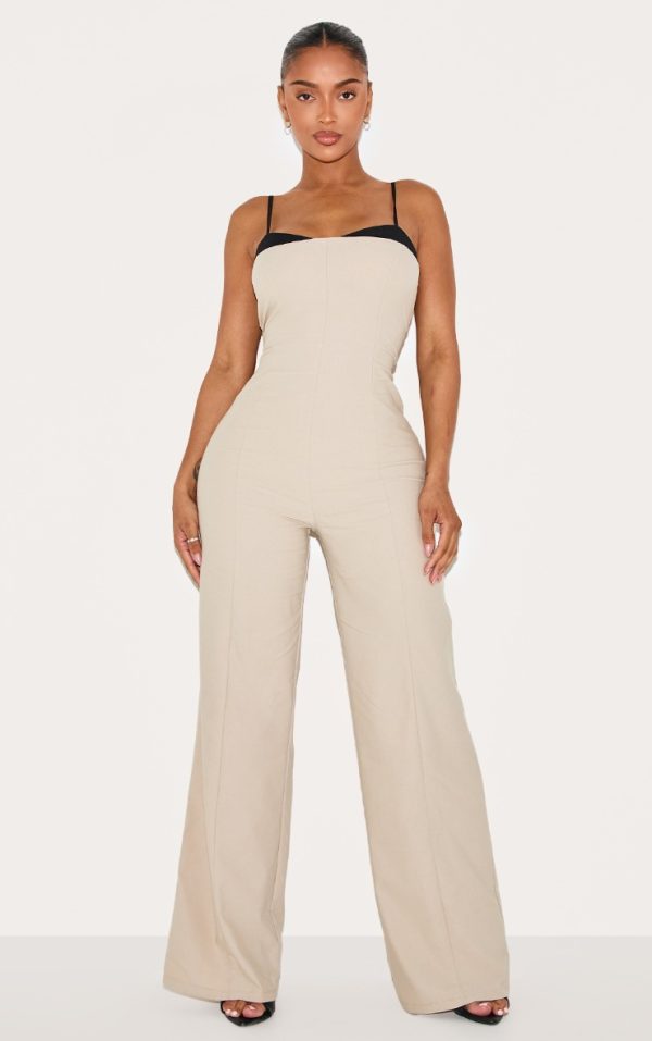 Shape Stone Stretch Woven Contrast Edge Wide Leg Jumpsuit