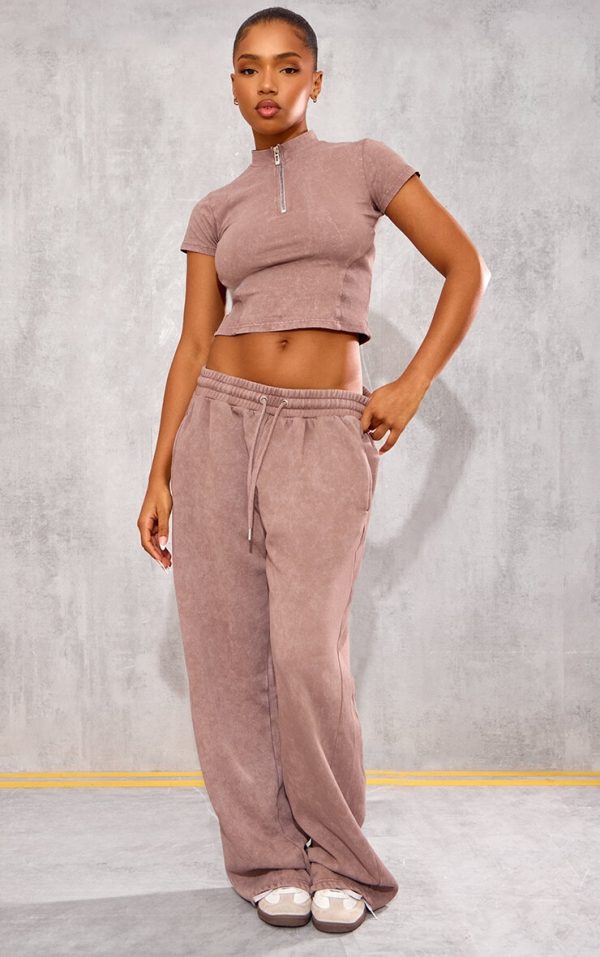 Taupe Washed Rib Panel Wide Leg Sweatpants