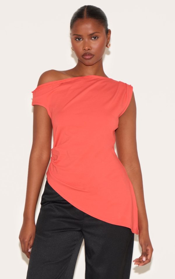 Red Asymmetric Shoulder Extreme Longline Top