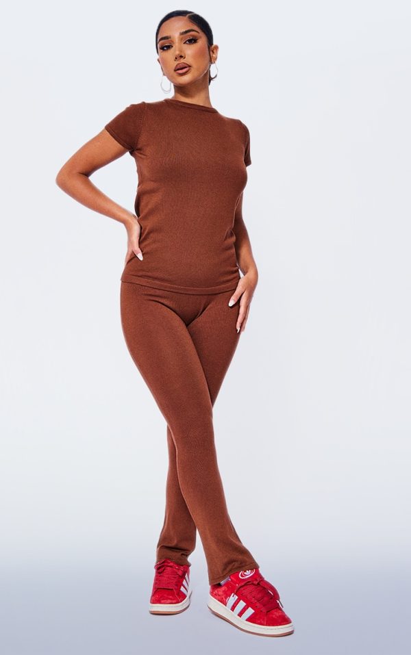 Petite Coffee Knitted Flared Pants