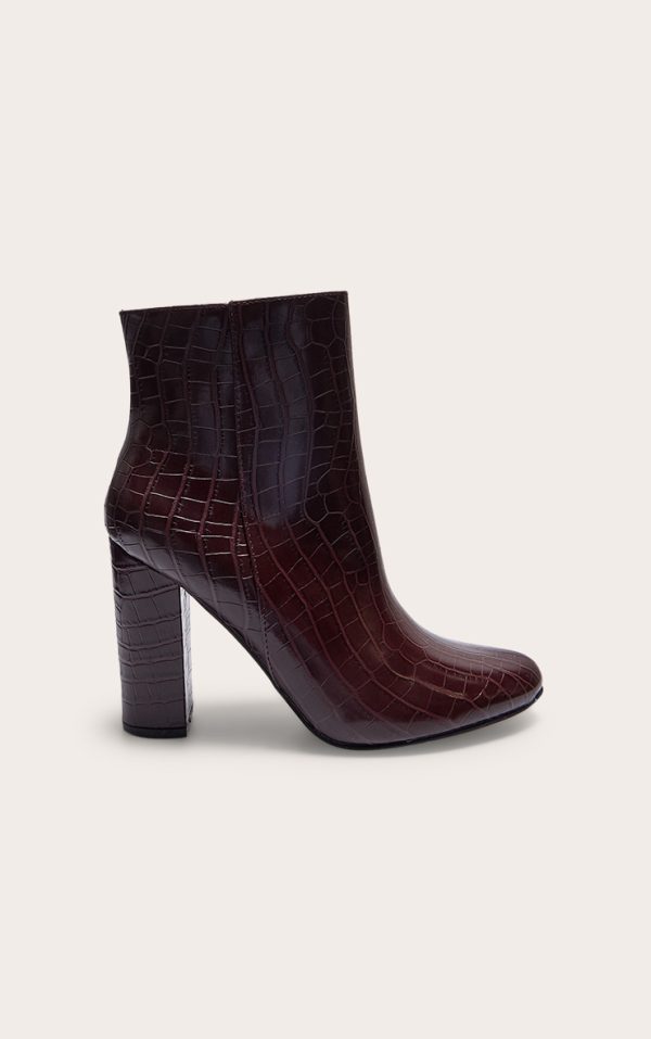 Burgundy Croc PU Block Heel Ankle Boots