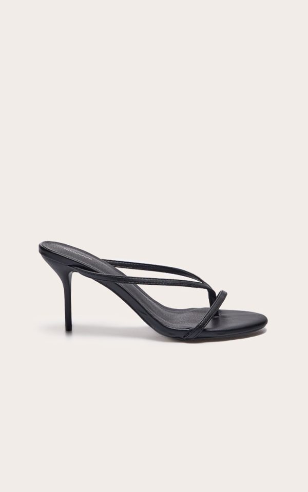 Black Pu Round Toe Thong High Stiletto Heeled Mules