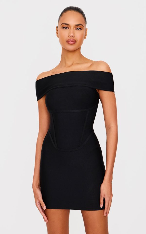 Black Bandage Corset Detail Off The Shoulder Mini Dress