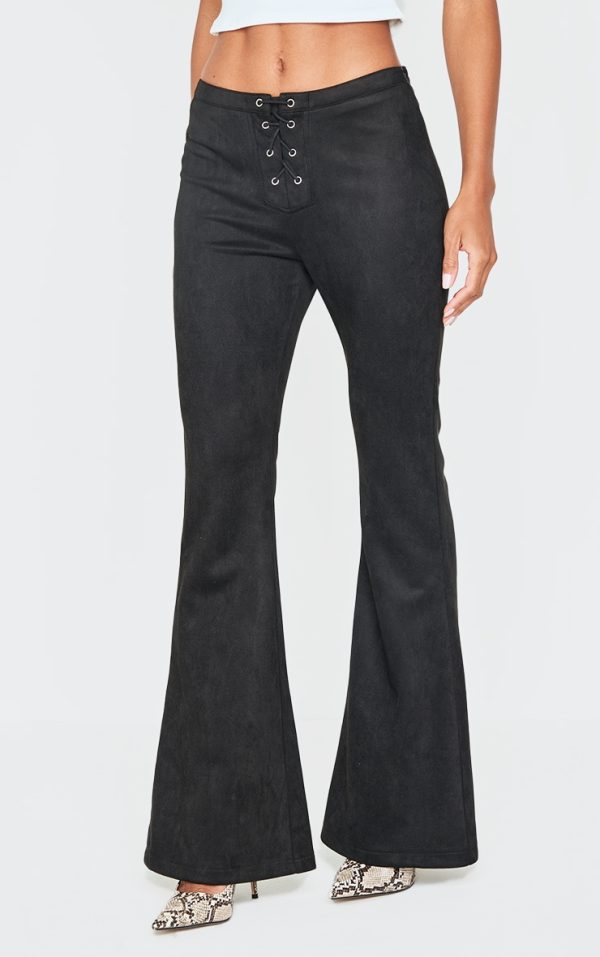 Black Faux Suede Lace Up Straight Leg Pant