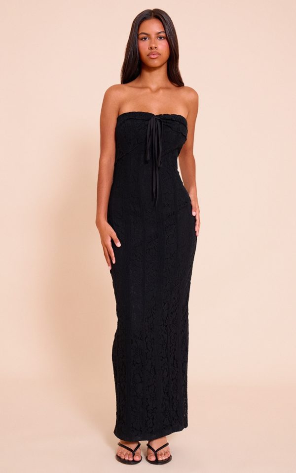 Petite Black Fitted Lace Bandeau Maxi Dress