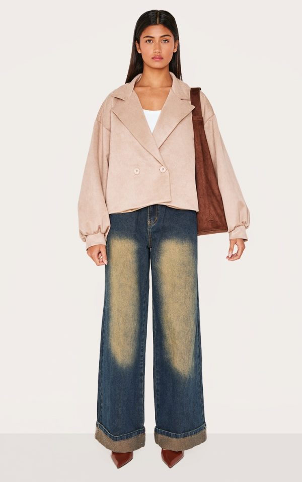Stone Faux Suede Balloon Sleeve Trench Coat