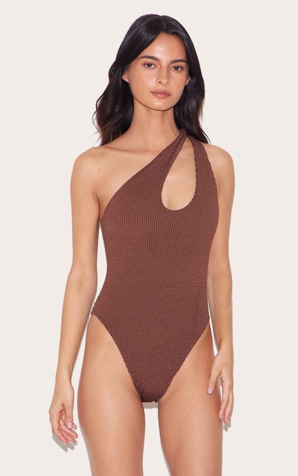 Chocolate Brown Crinkle One Shoulder Cut Out Swimsuit