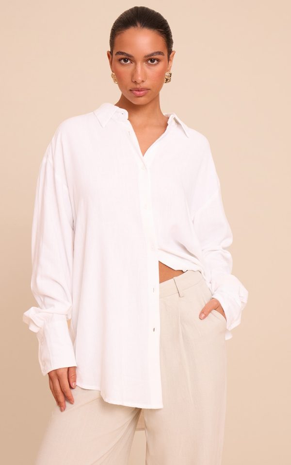 White Linen Look Boxy Oversized Shirt