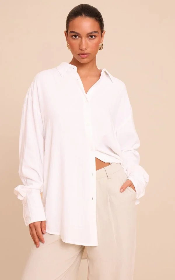 White Linen Look Boxy Oversized Shirt