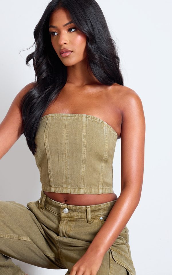 Tall Washed Khaki Denim Bandeau Corset Top