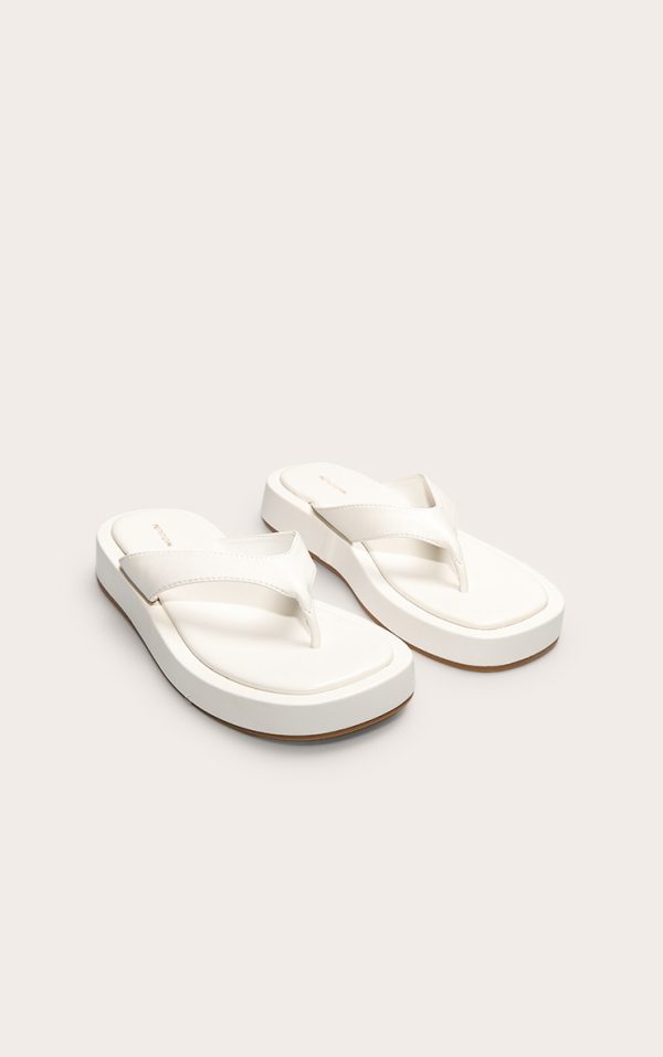 White Pu Round Toe Thong Flatform Sandals