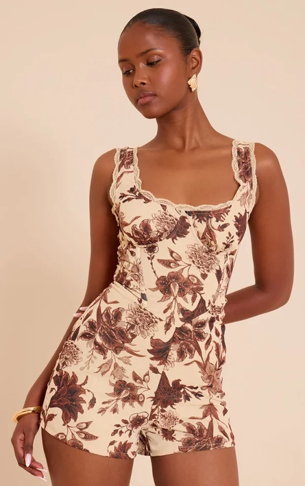 Brown Floral Printed Chiffon Corset Detail Romper