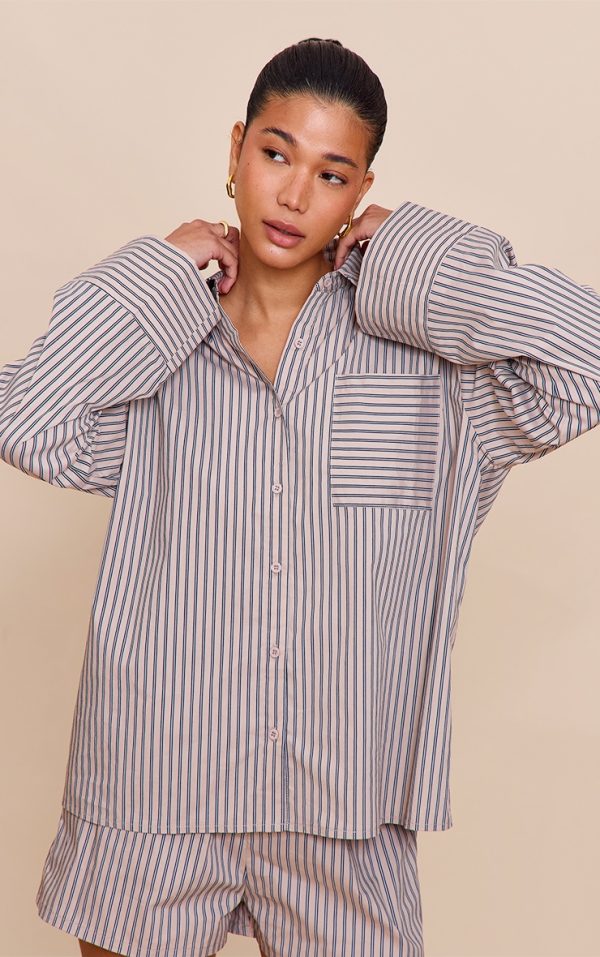 Stone Woven Pinstripe Balloon Sleeve Oversized Shirt