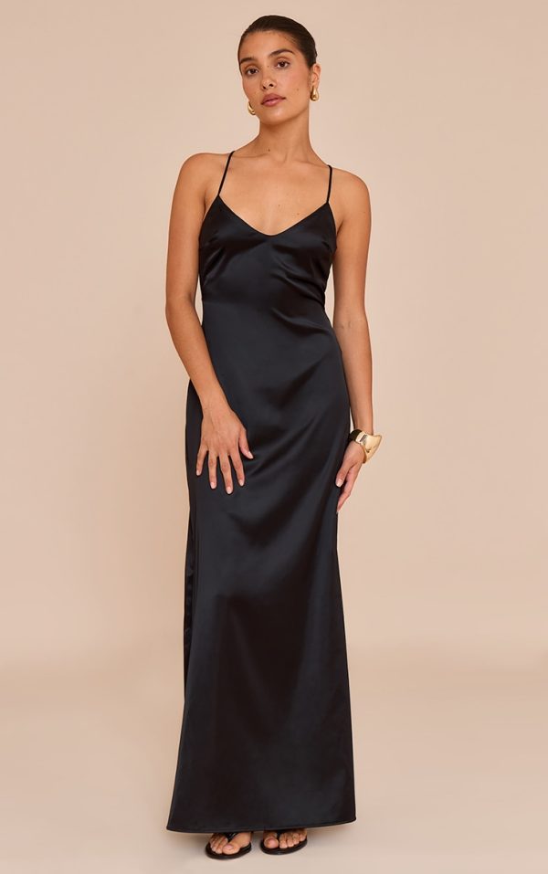 Petite Black Satin Strappy Open Back Maxi Dress