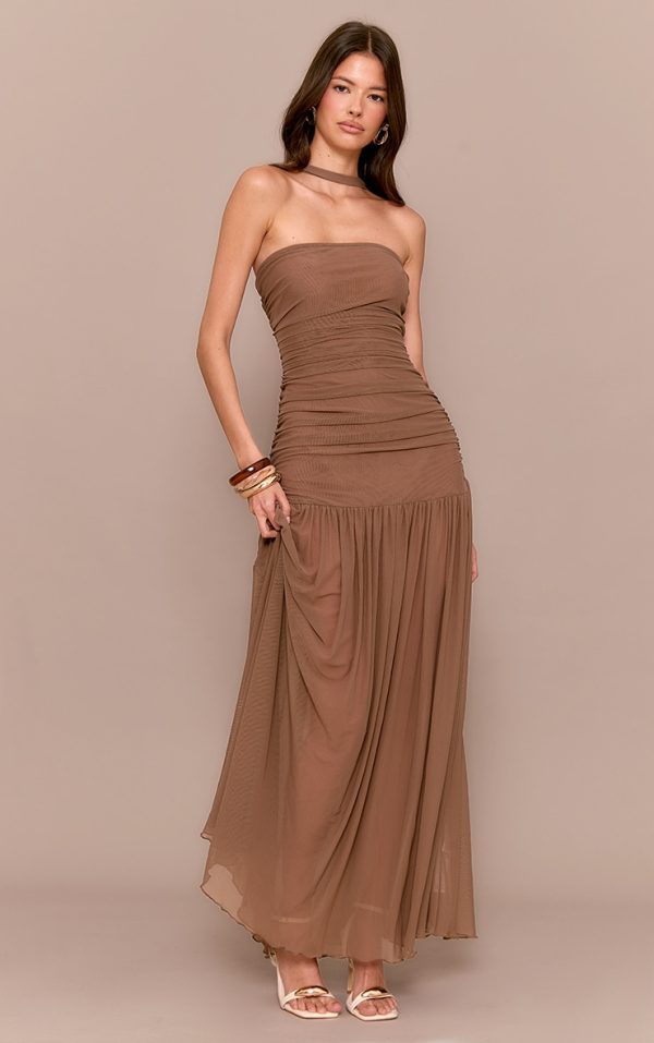 Chocolate Ruched Scarf Dropped Waist Maxi Dress