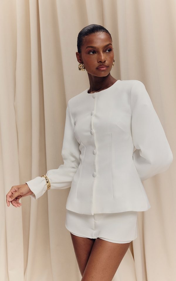 White Woven Cinched Waist Cocoon Sleeve Button Up Blazer