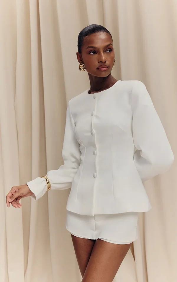 White Woven Cinched Waist Cocoon Sleeve Button Up Blazer