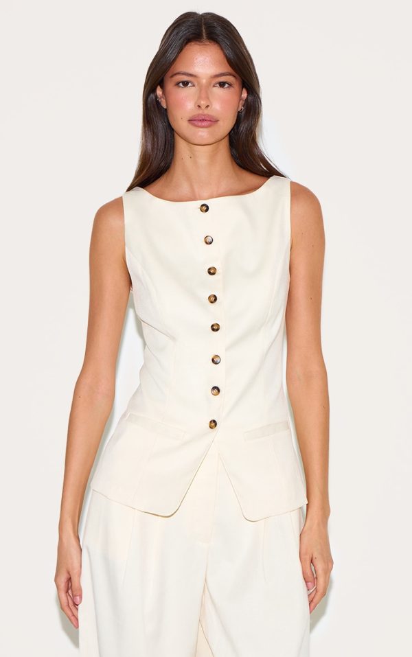 Cream Tailored Woven Boatneck Vest
