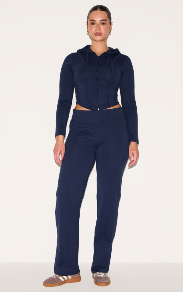 Shape Navy Low Rise Fold Over Seam Front Wide Leg Pants