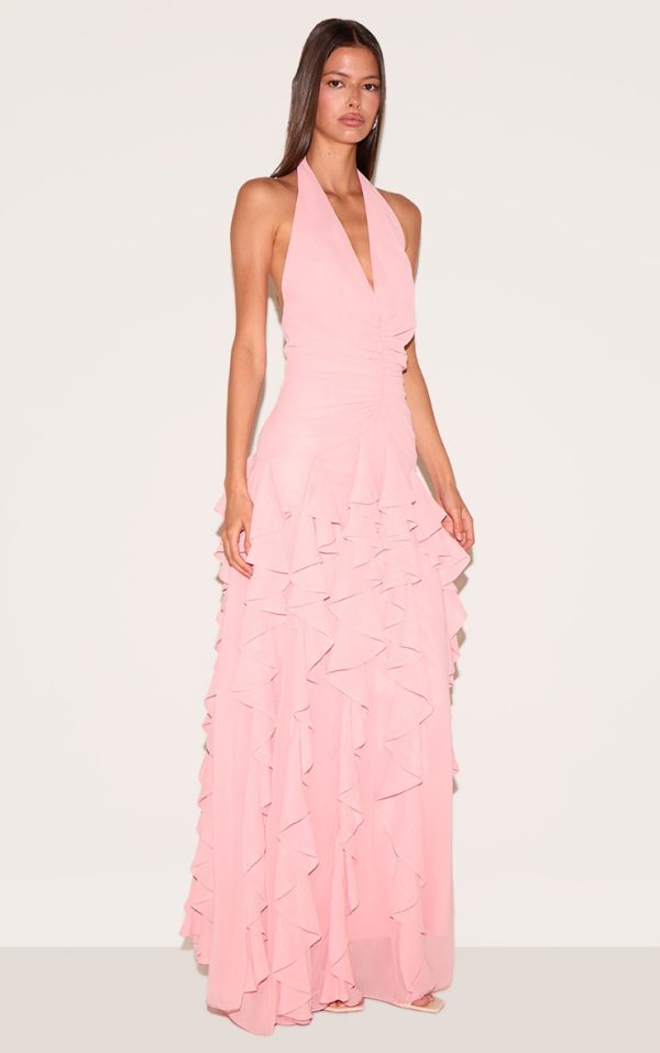 Light Pink Plunge Ruched Frill Detail Maxi Dress