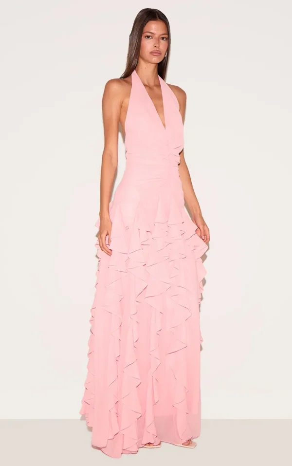 Light Pink Plunge Ruched Frill Detail Maxi Dress