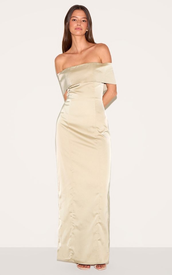 Sage Bridesmaid Bardot Fold Over Sleeveless Maxi Dress