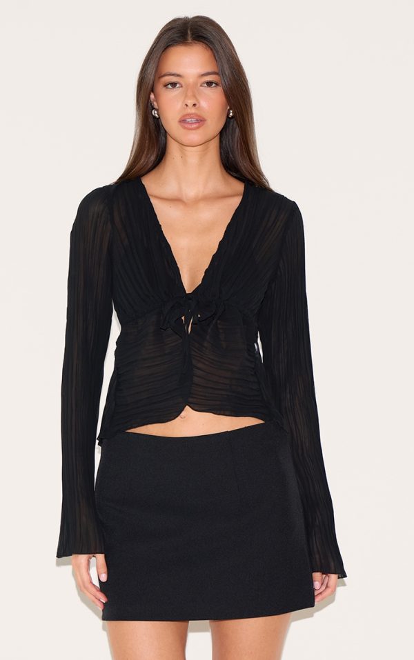 Black Sheer Plisse Tie Front Flute Sleeve Blouse