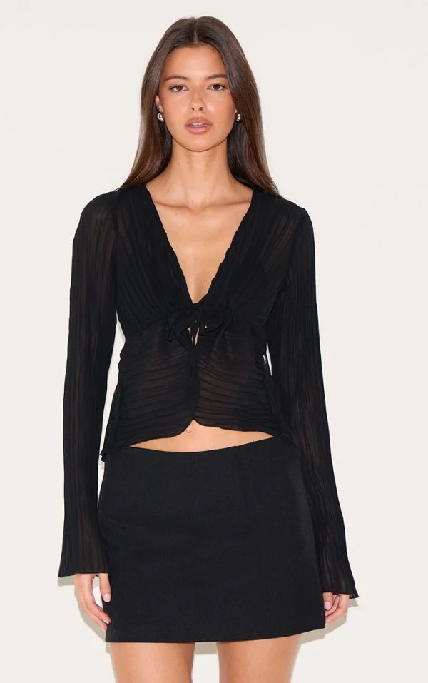 Black Sheer Plisse Tie Front Flute Sleeve Blouse
