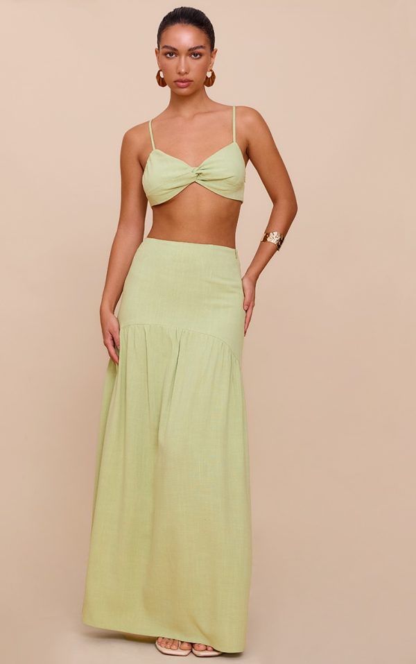 Pale Lime Seam Detail Floaty Linen Maxi Skirt
