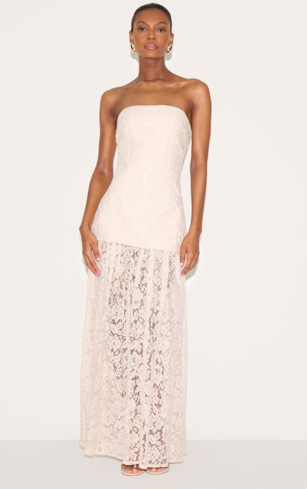 Cream Lace Sheer Skirt Panel Bandeau Midaxi Dress