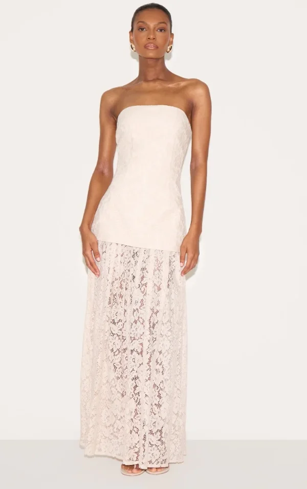 Cream Lace Sheer Skirt Panel Bandeau Midaxi Dress