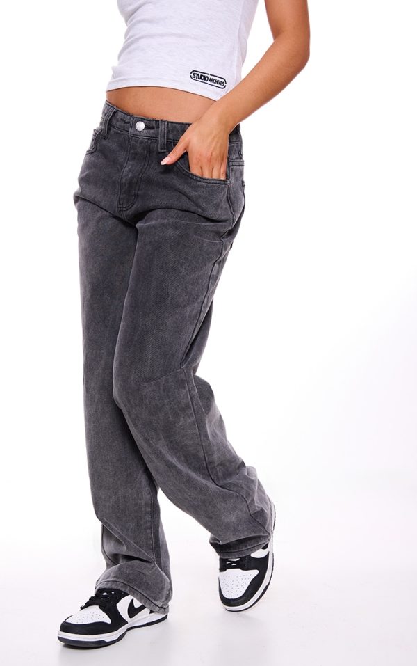 Washed Grey Mid Rise Straight Leg Jeans