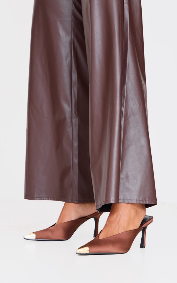 Chocolate Satin Gold Toe Cap Point Toe Heeled Mules