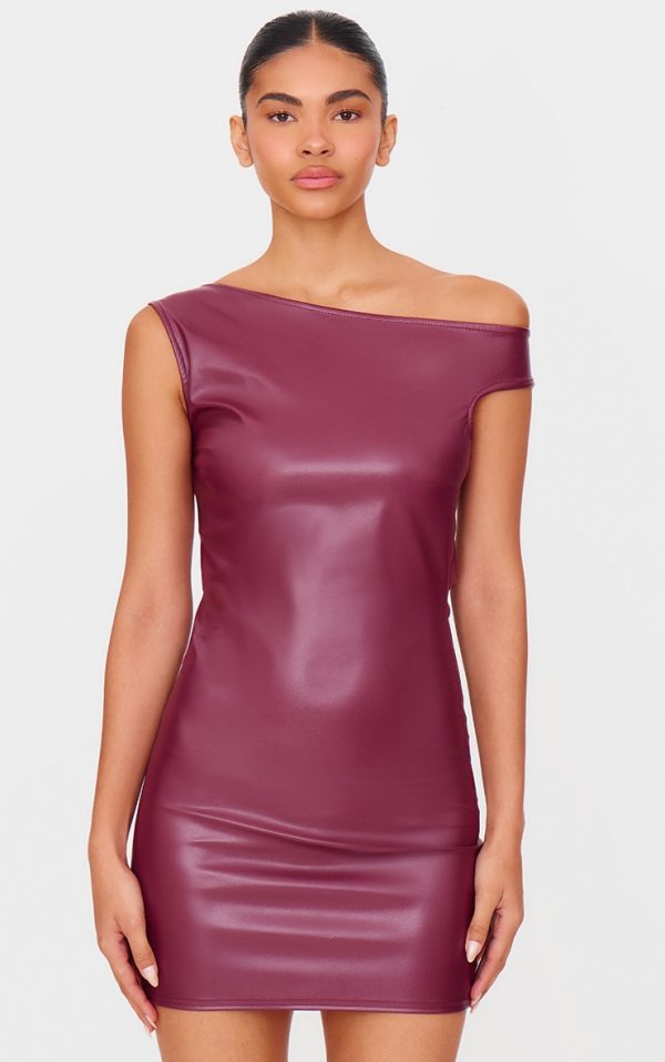 Burgundy Asymmetric Off Shoulder Faux Leather Mini Dress