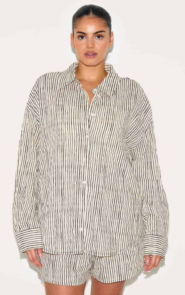 Plus Black Striped Linen Long Sleeve Shirt