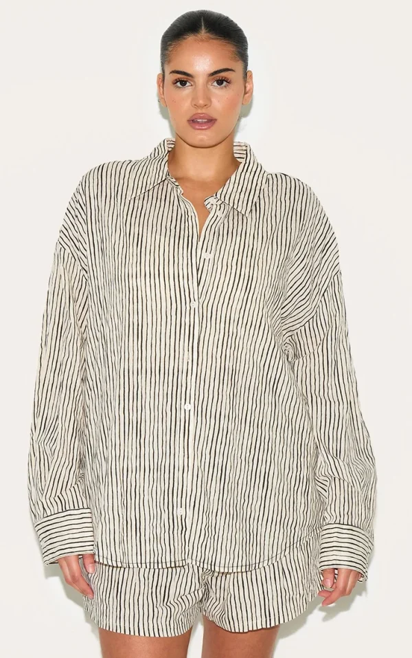Plus Black Striped Linen Long Sleeve Shirt