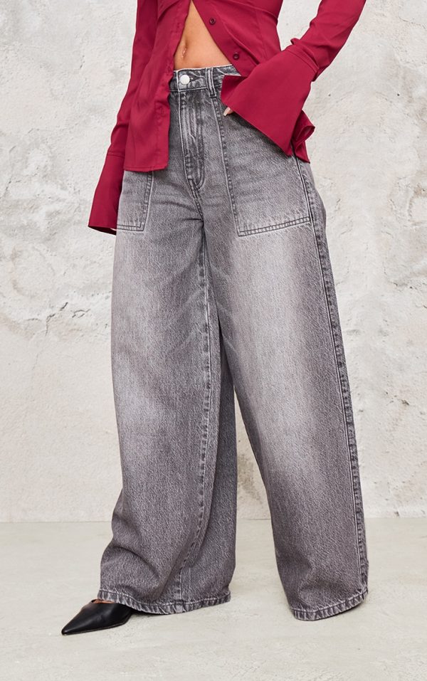 Washed Grey Mid Rise Wide Leg Jeans