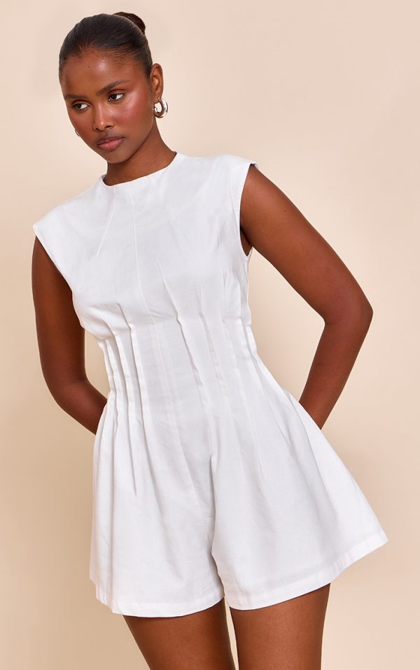 White Cotton Cinched Waist Boat Neck Romper