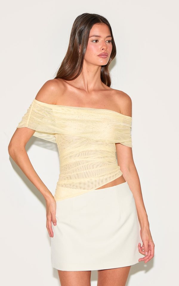 Lemon Mesh Foldover Ruched Bandeau Top