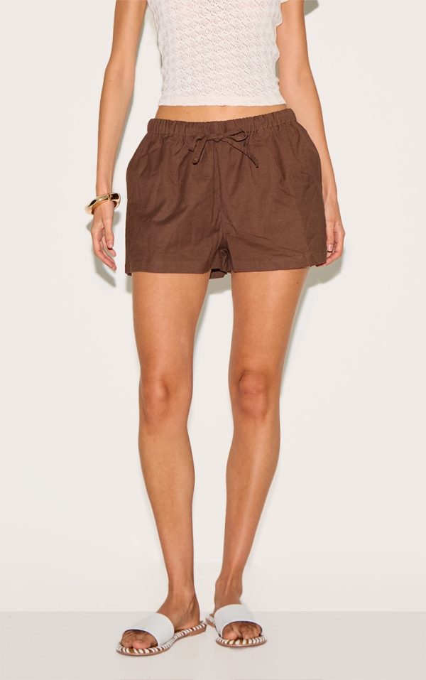 Dark Chocolate Cotton Linen Look Drawstring Floaty Shorts