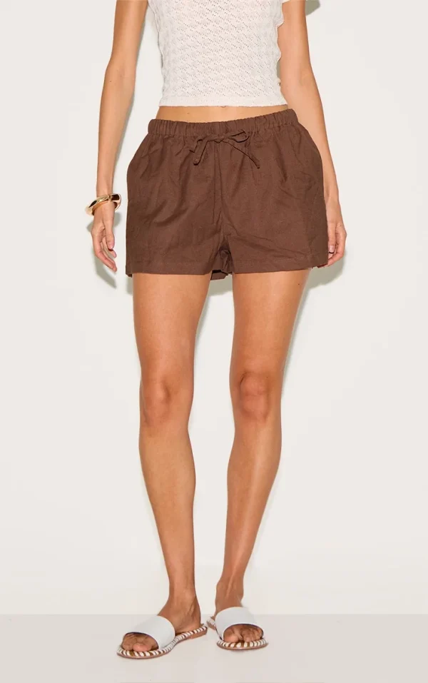 Dark Chocolate Cotton Linen Look Drawstring Floaty Shorts