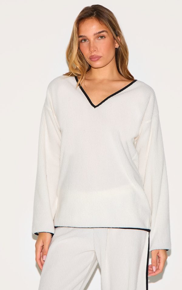 Cream Soft Rib Slouchy Long Top