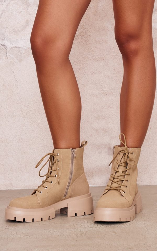 Tan PU Round Toe Lace Up Chunky Ankle Boots