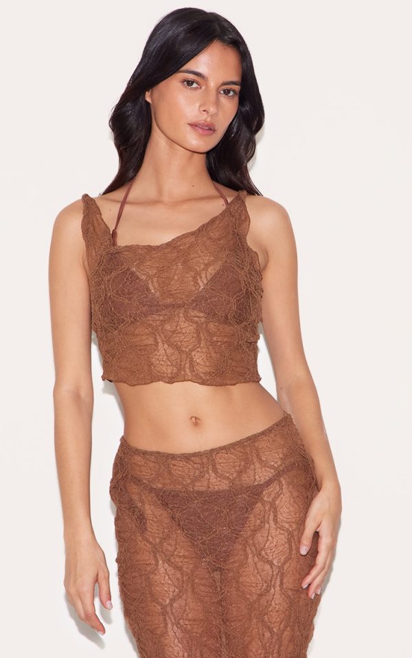 Chocolate Textured Mesh Knot Detail Asymmetric Beach Top