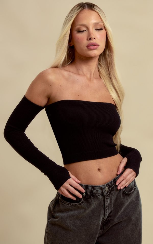 Black Structured Snatched Rib Bardot Crop Top